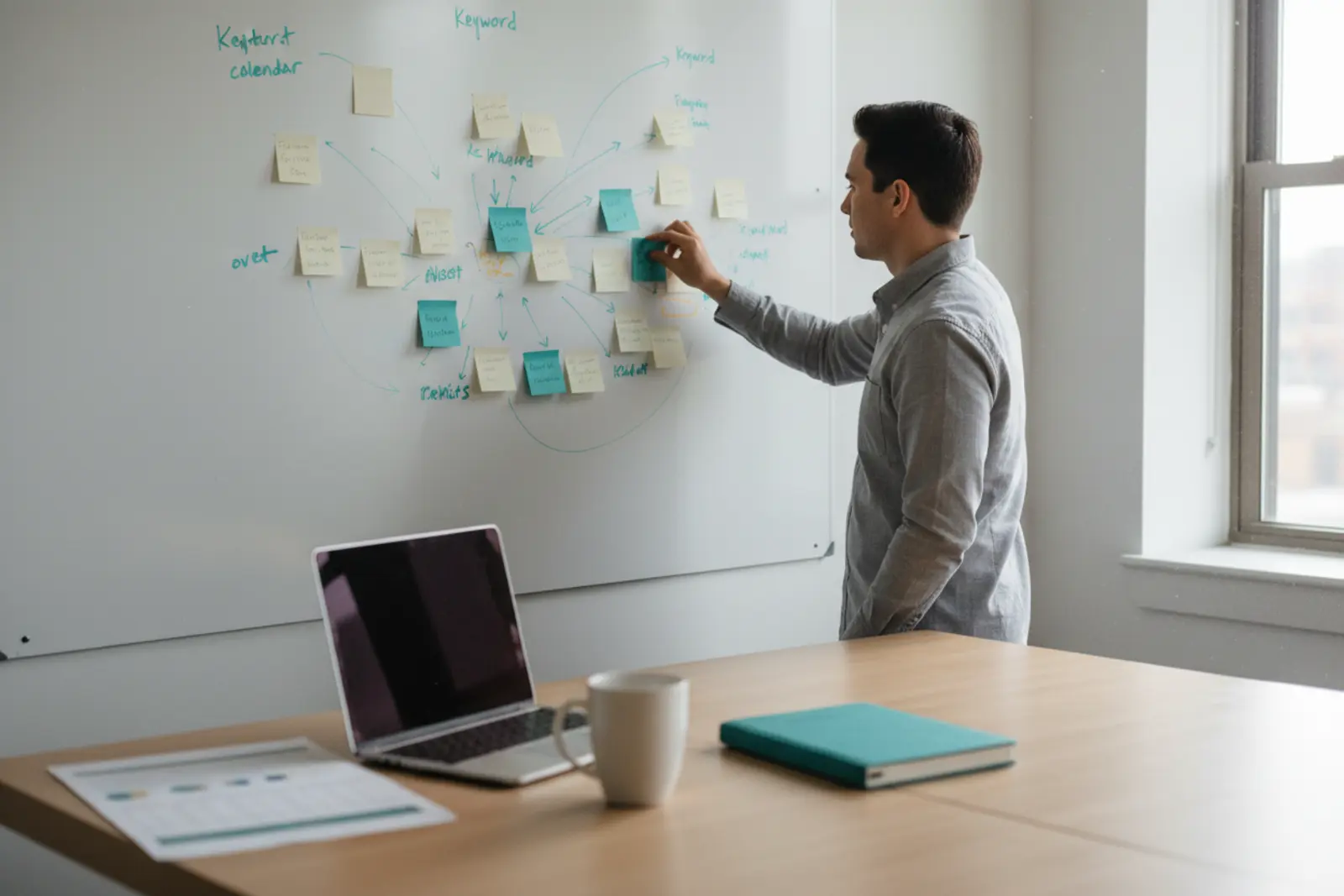Answer Engine Optimization Services: content team planning topics on a whiteboard with search demand notes
