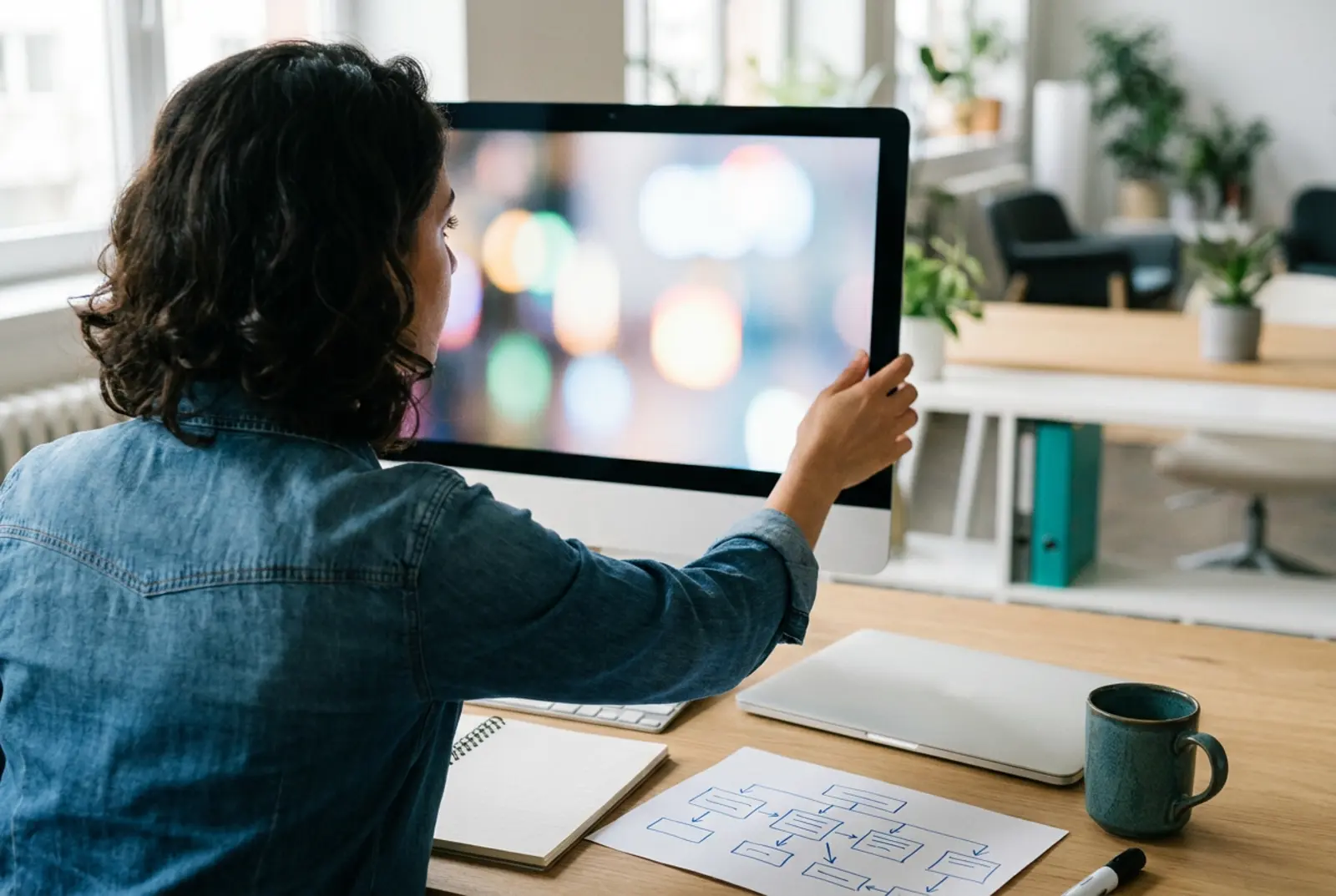 Data Engineering Consulting Services: data engineer reviewing a pipeline diagram with bronze silver gold layers on a large monitor in a bright offic