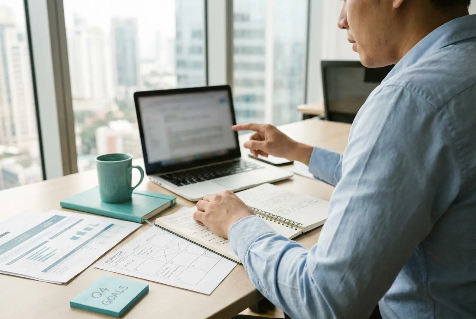 Databricks AI Consulting: business analyst asking a natural-language question to an analytics assistant on a laptop, charts on screen
