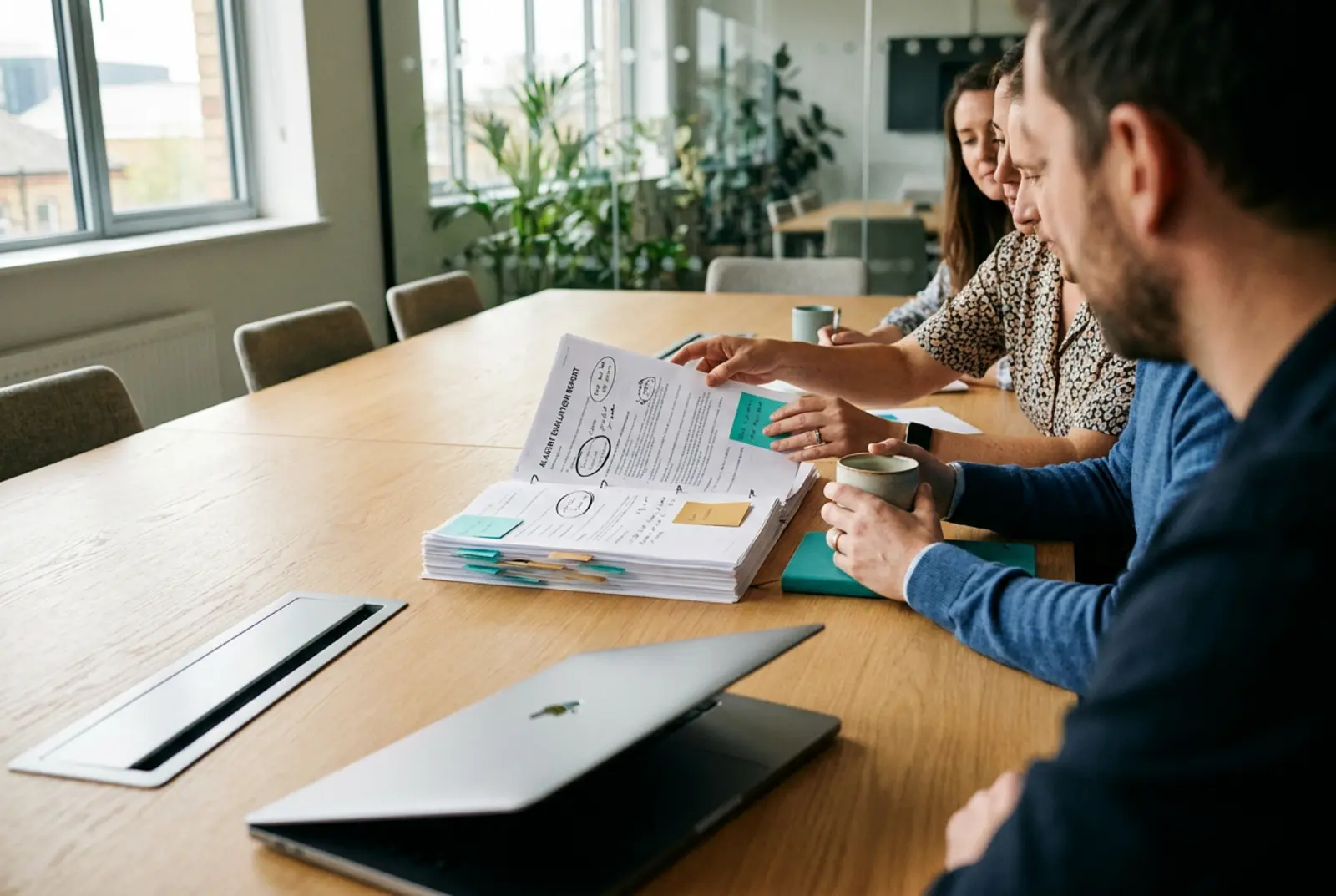 Databricks AI Consulting: team reviewing an AI agent evaluation report in a meeting room