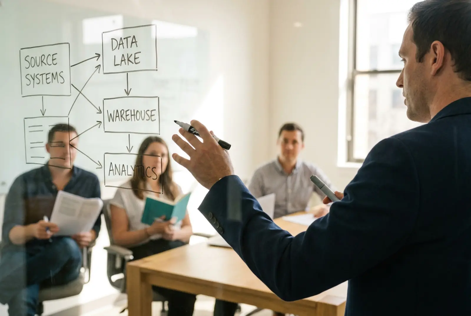 Databricks Consulting Services: consultant leading a whiteboard session mapping source systems to governed data layers