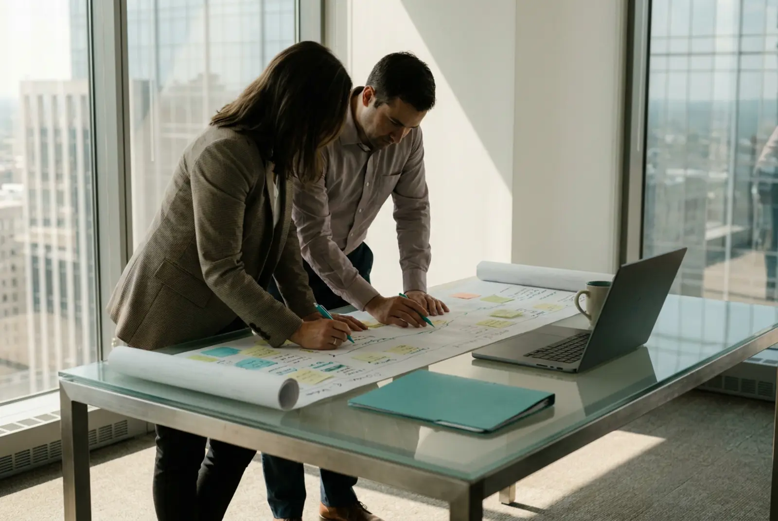 Financial Services Data Compliance: compliance officer and data engineer reviewing incident response timeline on a screen in a financial office