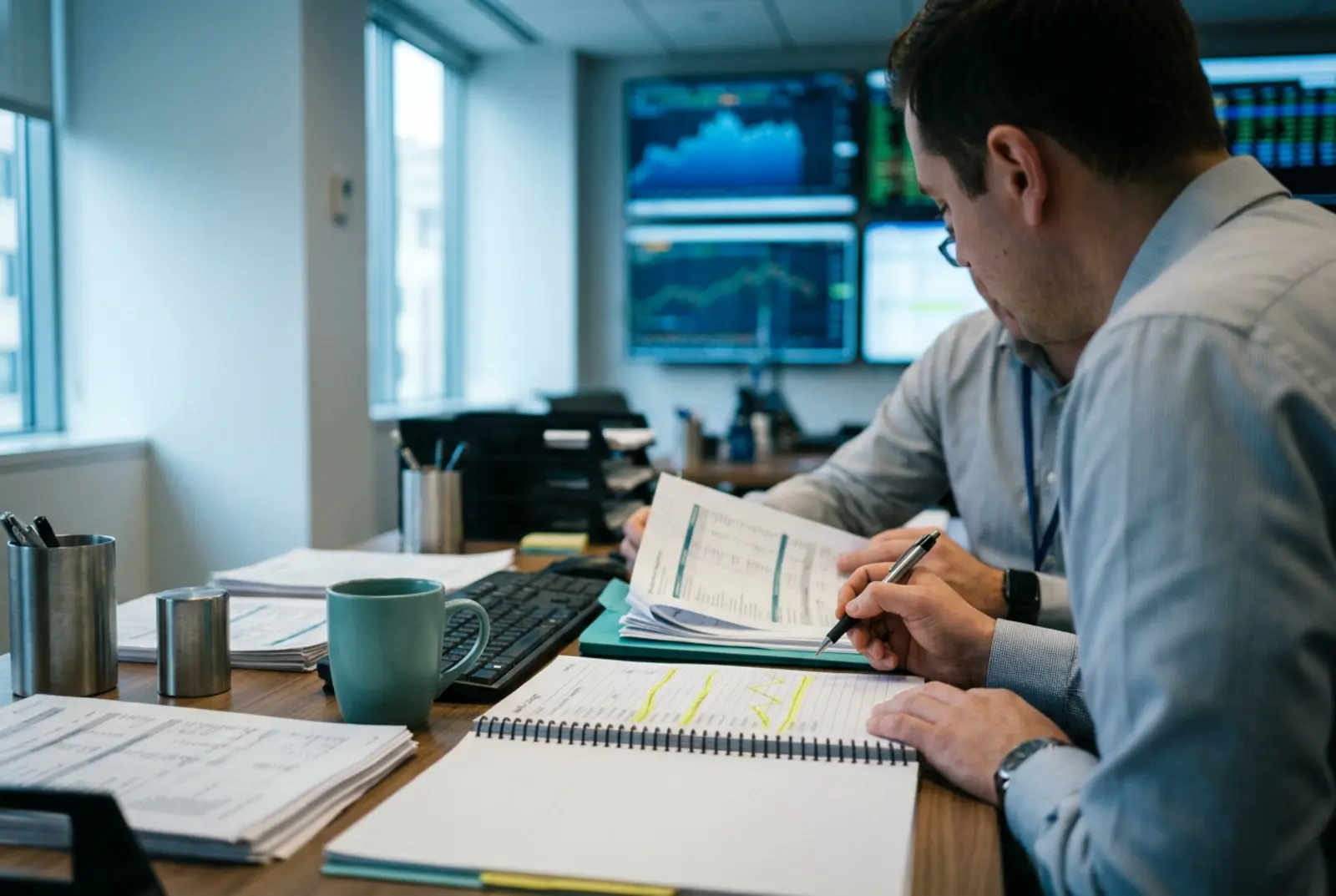 Financial Services Data Compliance: risk analysts reviewing governed dashboards on large monitors in a bank operations room
