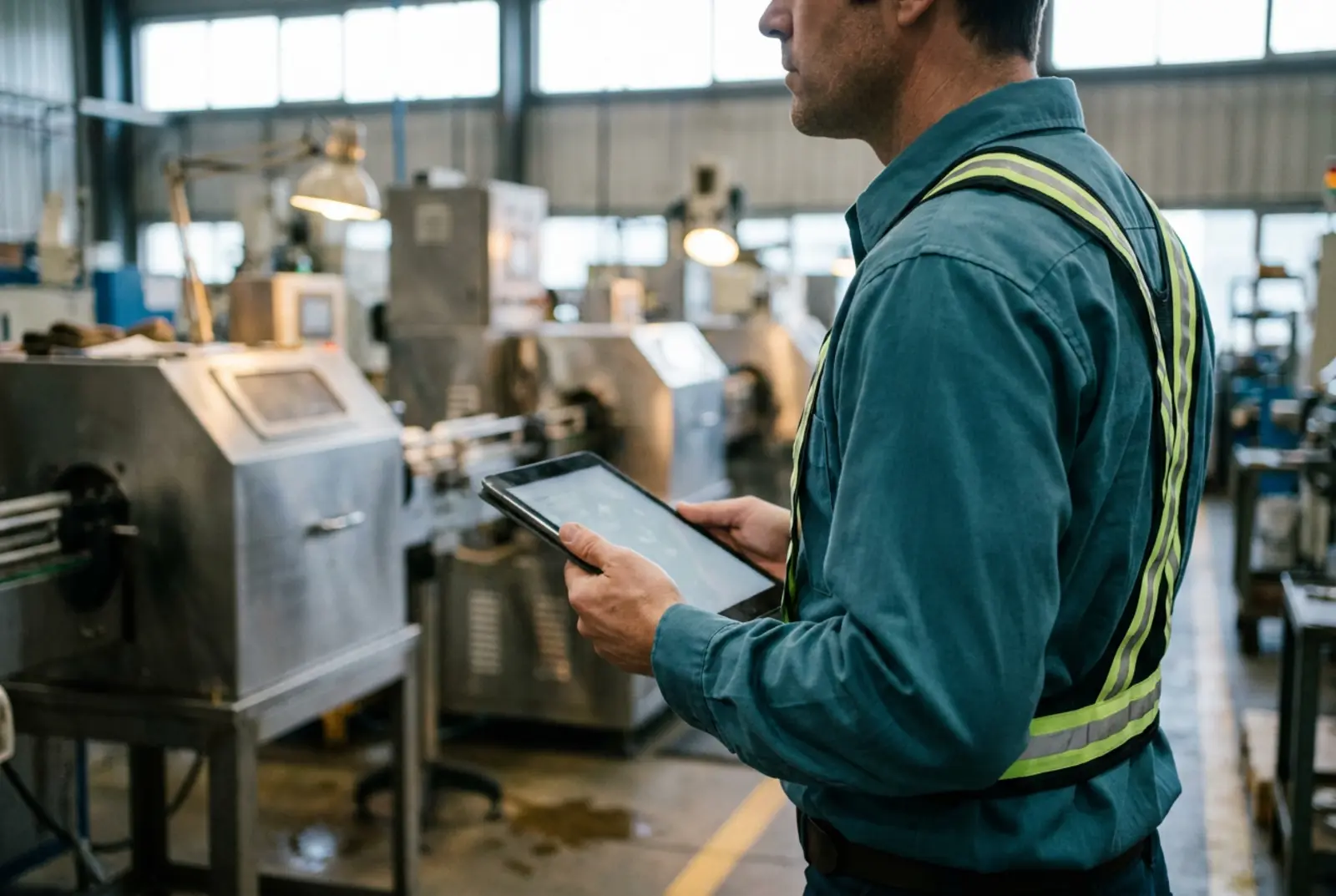 Manufacturing Data Integration: operations manager on a factory floor holding a tablet showing production metrics, machinery in soft focus