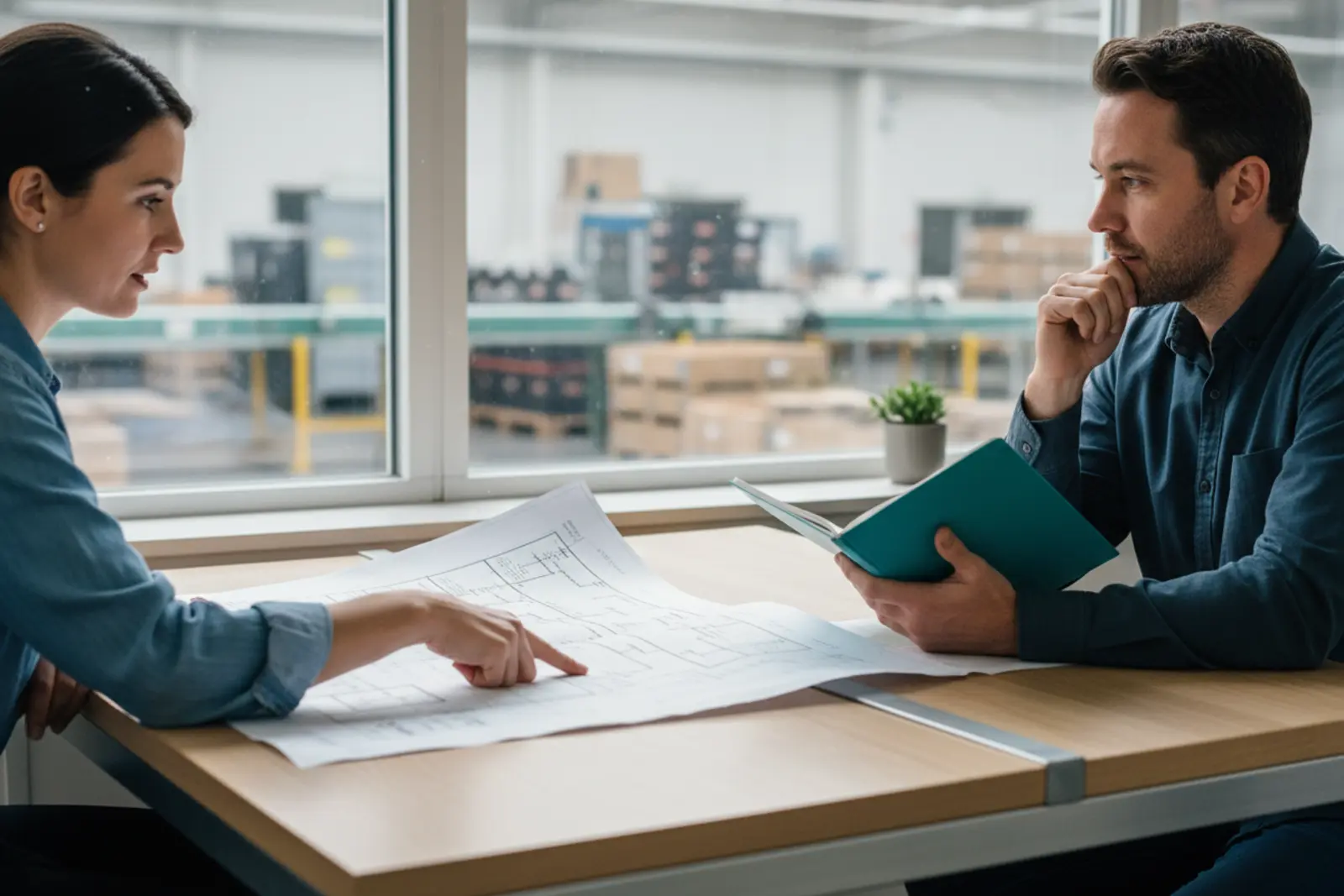Manufacturing Data Integration: two supply chain engineers reviewing a data flow diagram overlooking the factory floor