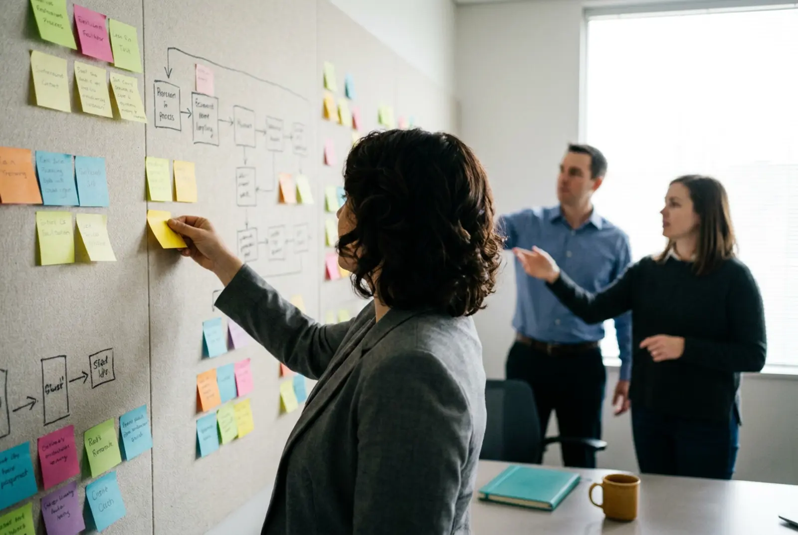 Process Improvement Consulting: Lean Six Sigma facilitator mapping a process with sticky notes on a wall with a small team