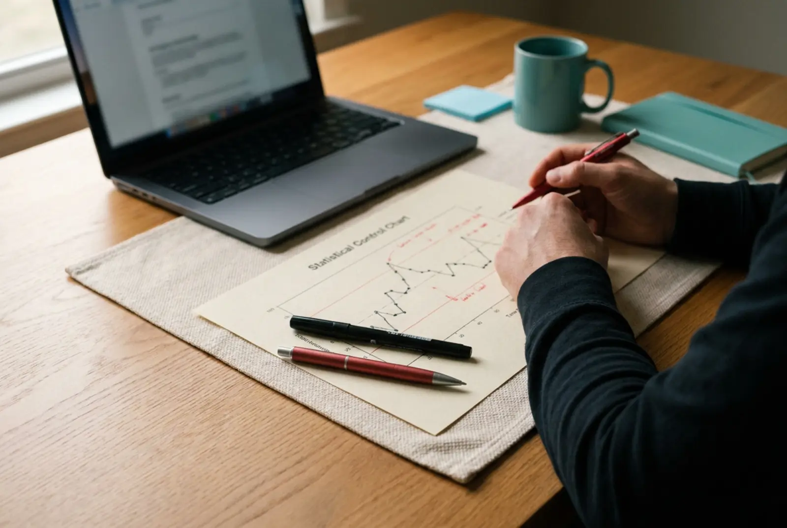Process Improvement Consulting: control chart printed and annotated on a desk next to a laptop