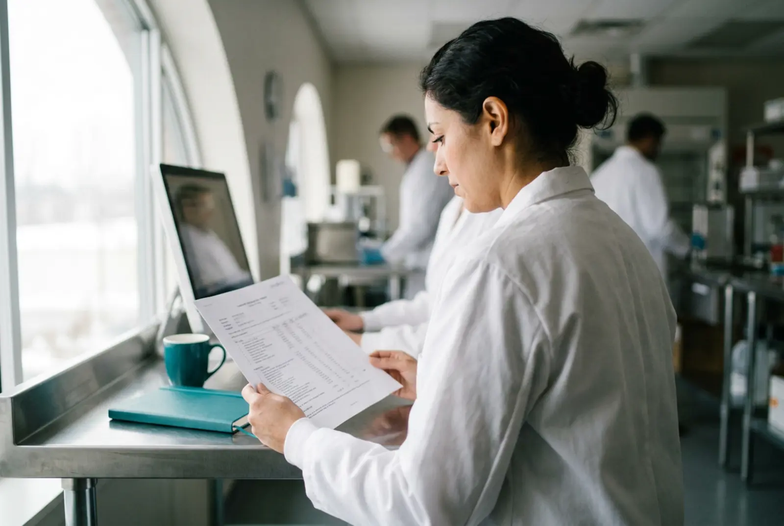 Life Sciences Data Governance: quality assurance analyst reviewing an audit trail on a monitor beside a laboratory window, lab coats visible 
