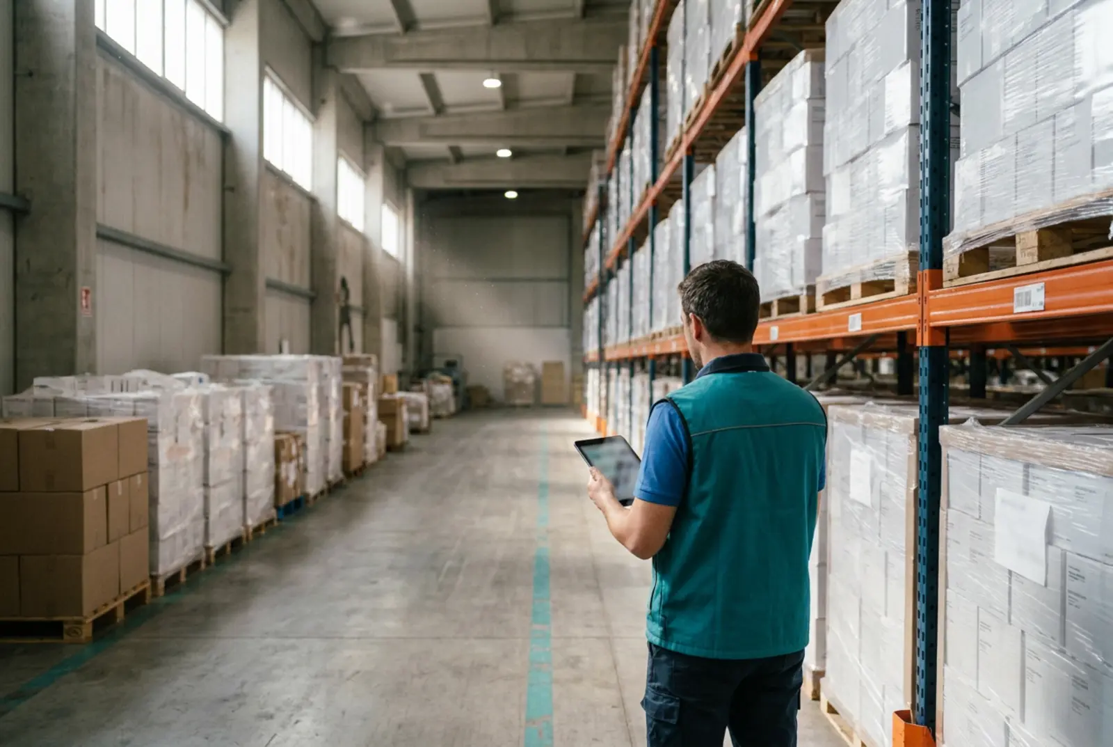 Life Sciences Data Governance: pharmaceutical distribution warehouse with a supply chain analyst holding a tablet near pallets of sealed medi